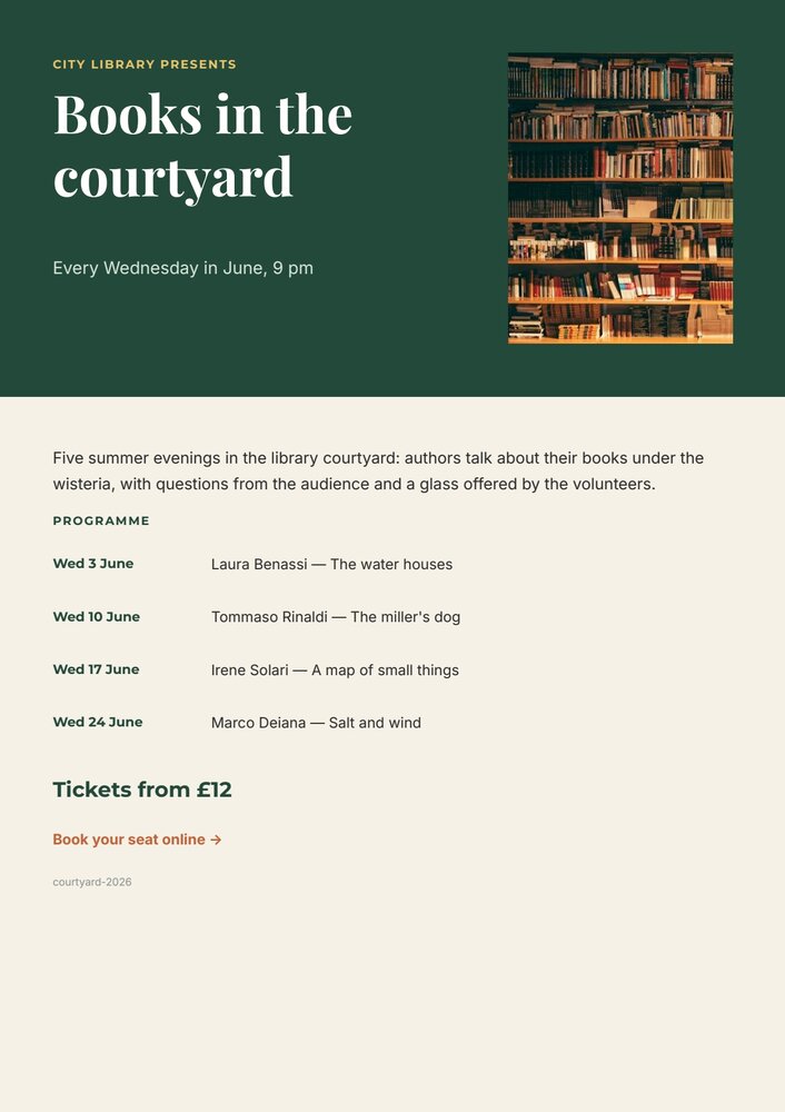 A poster rendered from a template: title, dates, photo, an introduction, a programme list, a formatted price and a booking link