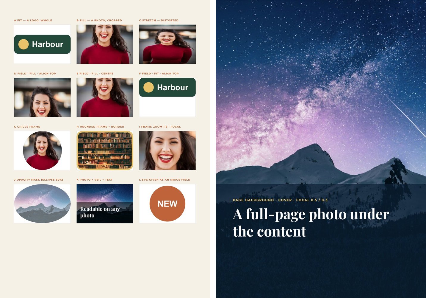 The image lab: fit, fill and stretch; image fields aligned to the top and centre; circle and rounded frames, zoom; an opacity mask, a veil under text, an SVG badge; and a page with a background photo