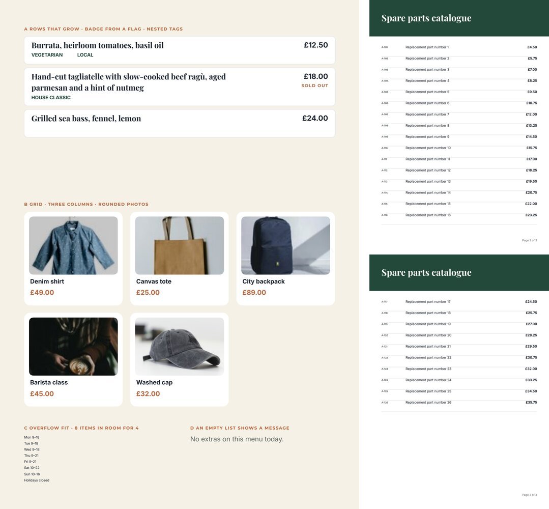 The list lab: menu rows that grow with a sold-out flag and tags, a grid of product cards, a list shrunk to fit, an empty-list message, and a catalogue continuing onto a second page