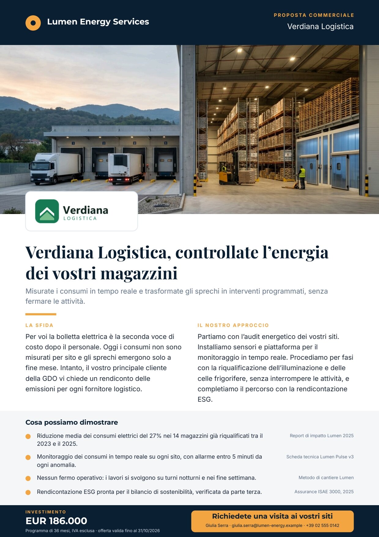 The proposal produced by the workflow: a dark header with the client’s name, a cover photograph with the client logo on a card, a two-line headline, the challenge and the approach in two columns, four approved claims with their sources, the investment and a call to action