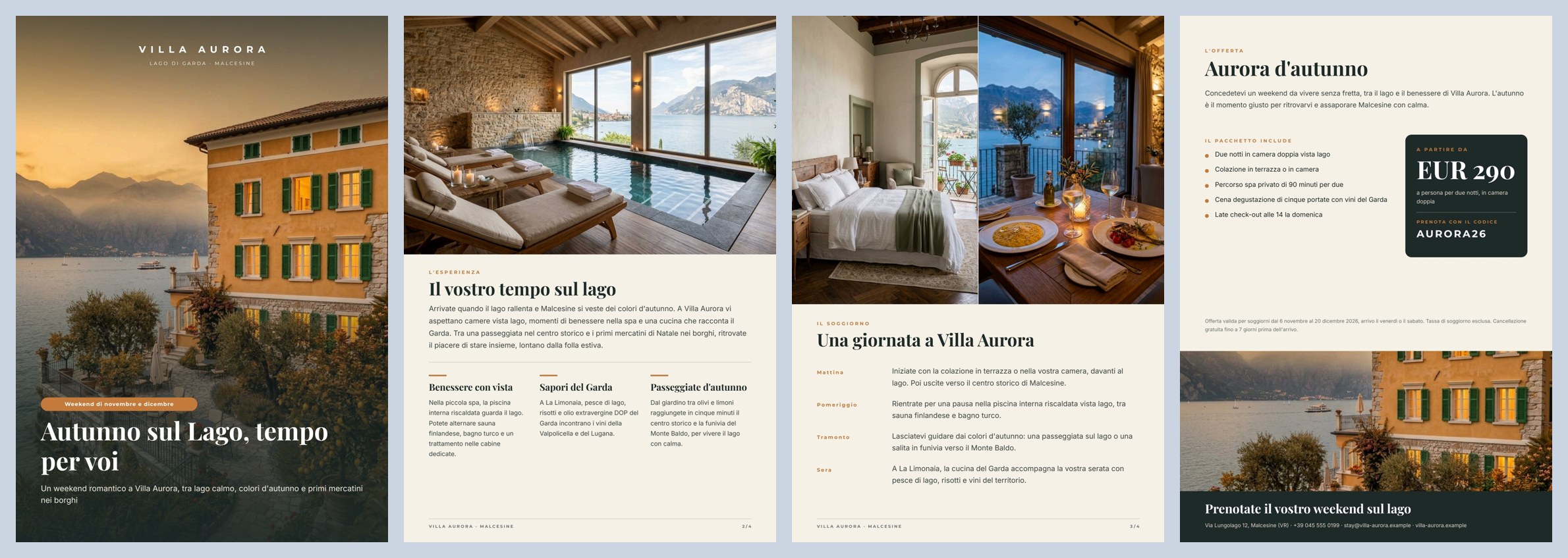The four Italian pages produced by the workflow: a full-page cover photograph of the villa at dusk with the title at the bottom, the spa experience with three highlights, the stay with two photos and a day in four moments, and the offer with what the package includes, the price card and the booking code