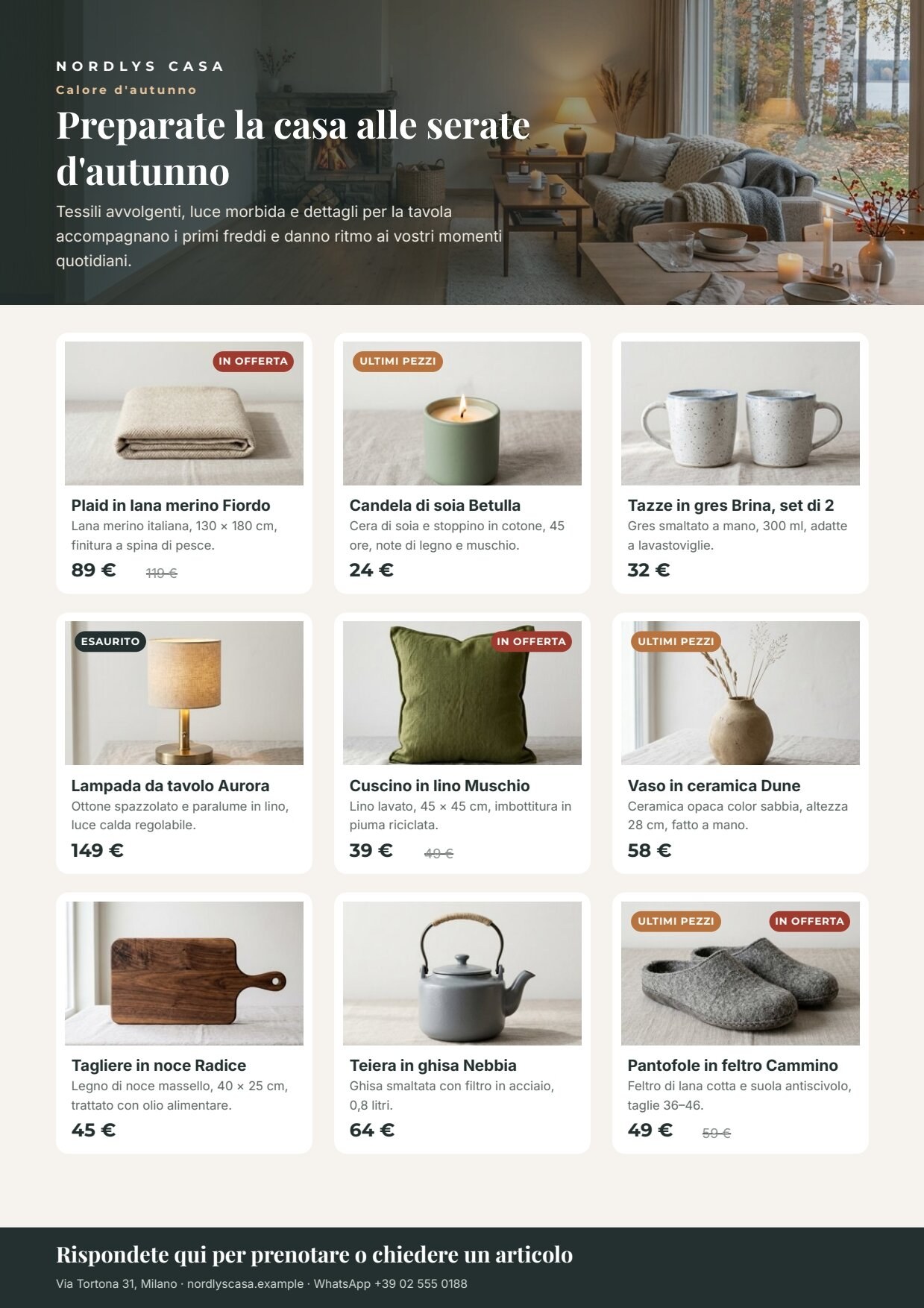 The flyer produced by the workflow: a header with an autumn living-room photograph, the campaign label, the title and an introduction; a three-by-three grid of product cards with photo, name, description and price, some with a struck-through full price and badges such as last pieces, sold out and on sale; a bottom band with the call to action and the shop’s contact
