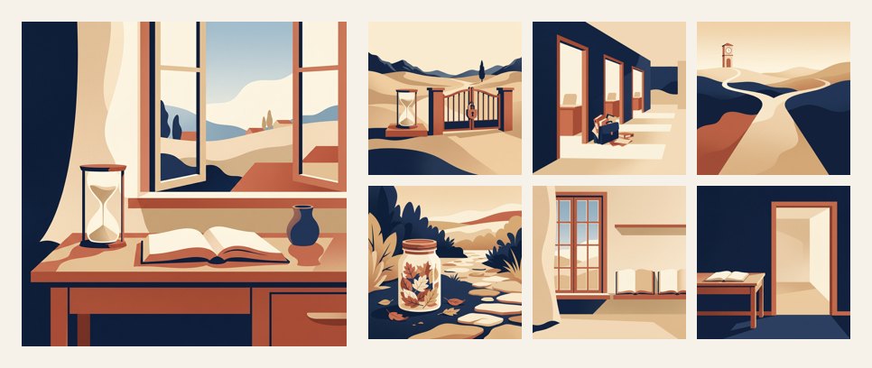 The main illustration and the six idea pictures side by side: the same flat style and palette, different objects