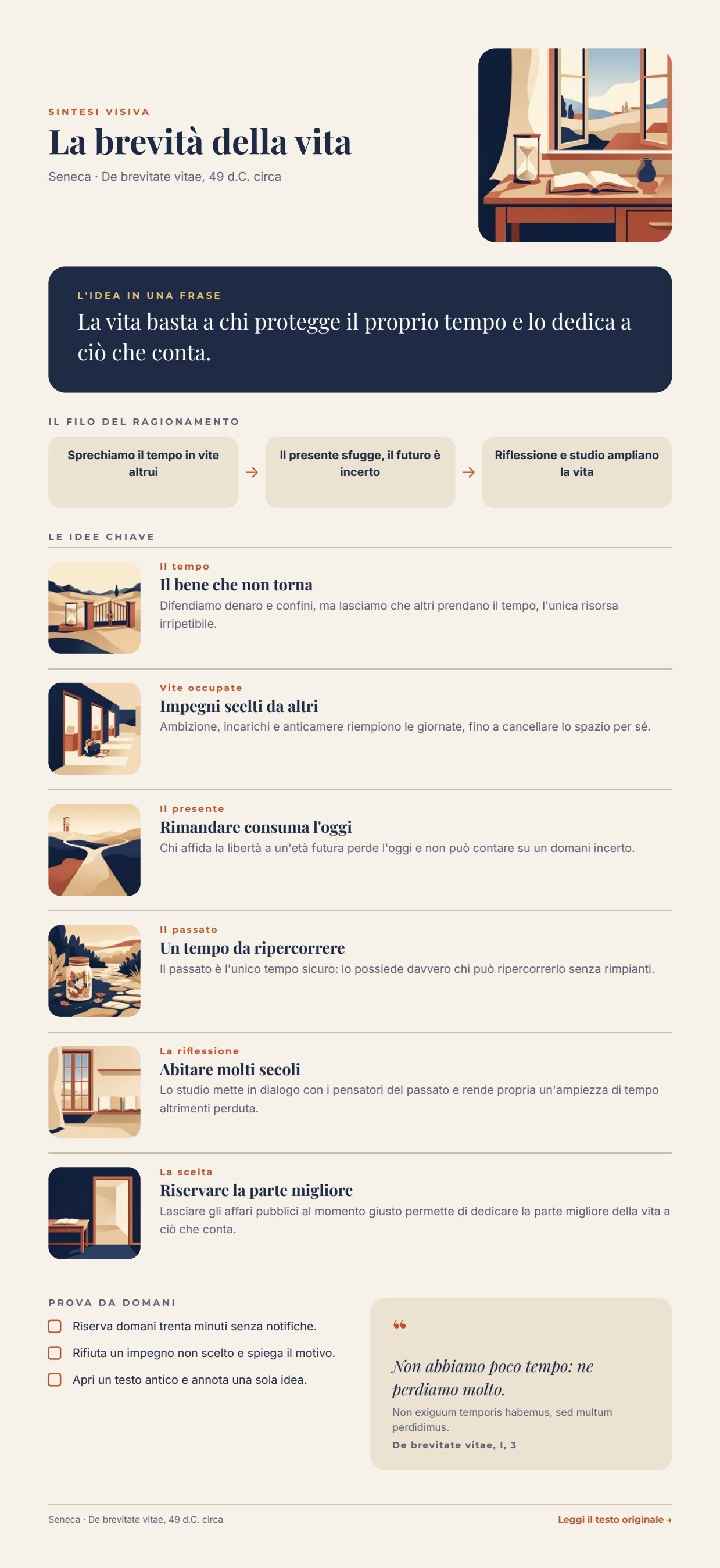 The illustrated summary produced by the workflow: a header with the title and a square illustration, the idea in one sentence on a dark band, three reasoning steps joined by arrows, five key ideas each with a small rounded picture on the left, three actions to try and the author’s quote