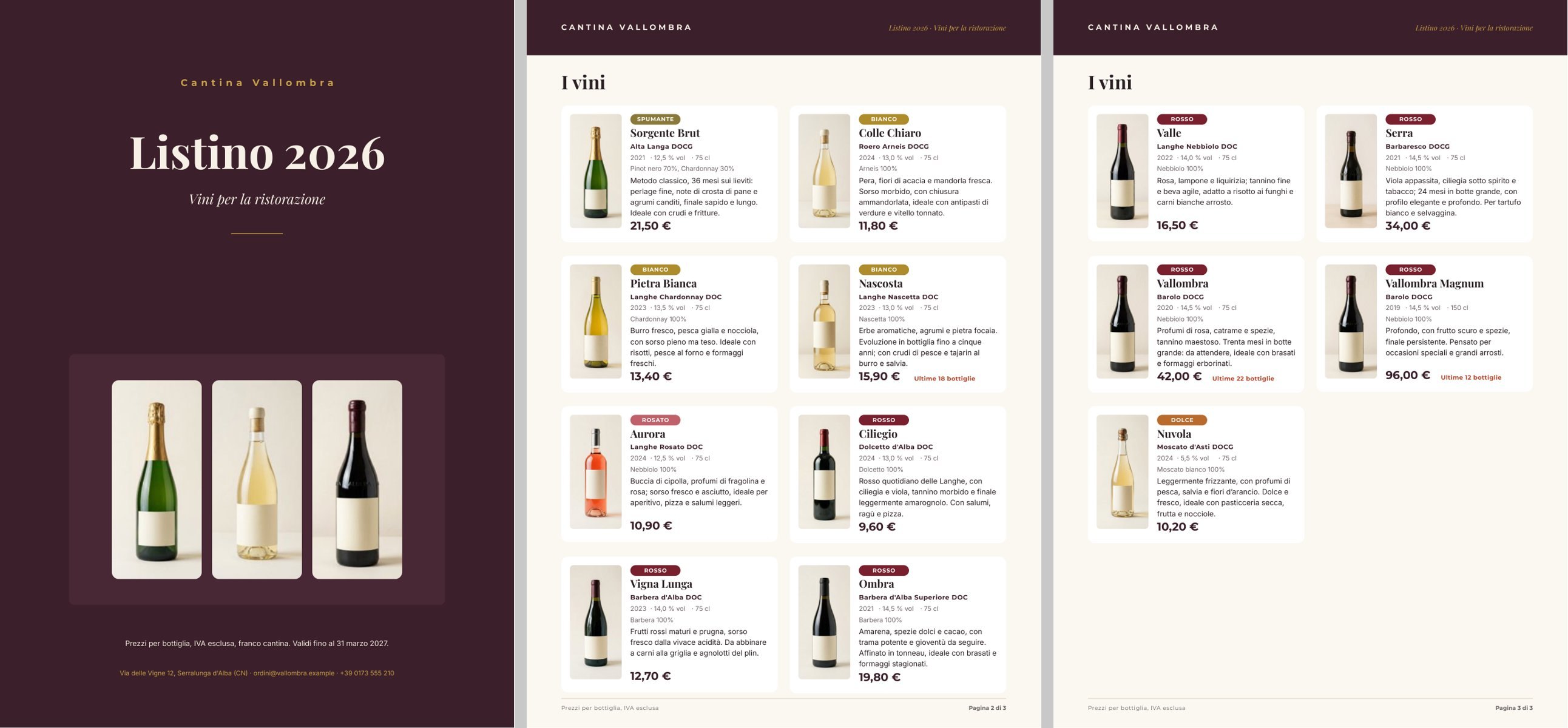 The catalogue produced by the workflow: a cover with the winery’s name and three bottles, and two catalogue pages with a grid of wine cards, each with a bottle photo, a coloured type badge, name, denomination, data line, grapes, description and price