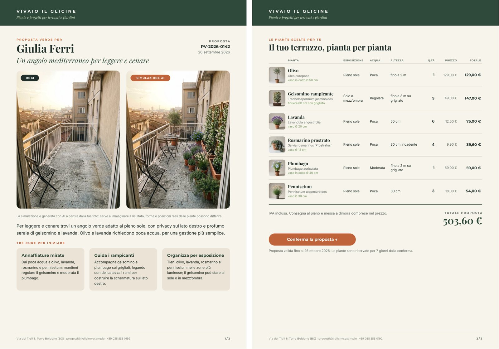 The proposal produced by the workflow: page one with the customer’s terrace photo labelled OGGI next to the AI simulation with the plants, labelled SIMULAZIONE AI, an introduction and three care tips; page two with the table of plants, quantities and prices, the total and a confirmation button