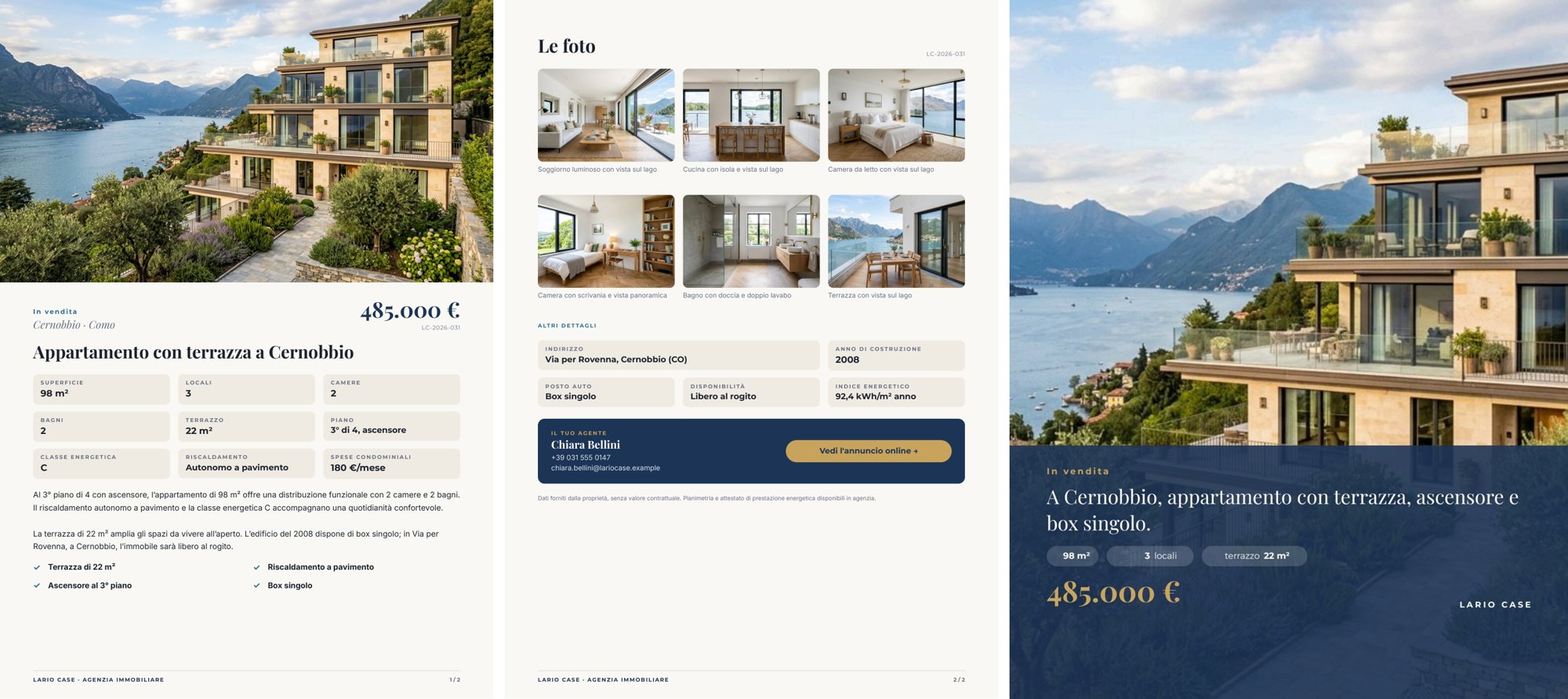 The listing and the social post produced by the workflow: an A4 page with a full-width cover photo of the building, the price, the AI headline, a grid of nine facts, the description and four highlights; a second A4 page with a gallery of six photos with captions and the agent’s box; and a 4 post with the cover photo, a band with the contract, an AI line, three facts and the price