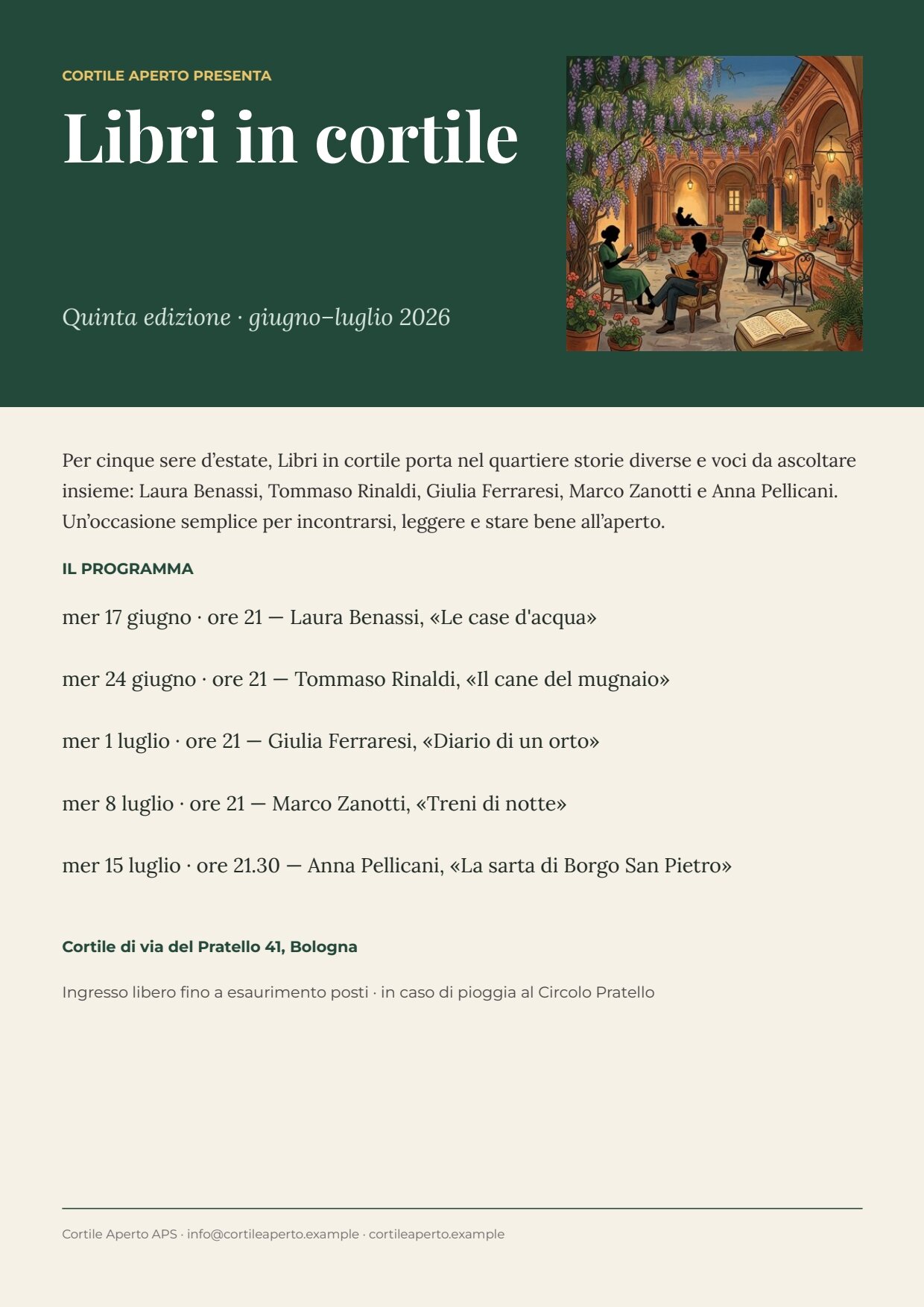 The poster produced by the agent’s workflow: a forest-green band with the kicker CORTILE APERTO PRESENTA, the title Libri in cortile, the edition line and a square illustration of readers under wisteria in an arcaded courtyard; below, on cream, a three-line invitation, the heading IL PROGRAMMA, five evenings one per line, the venue, the entry note and the contacts