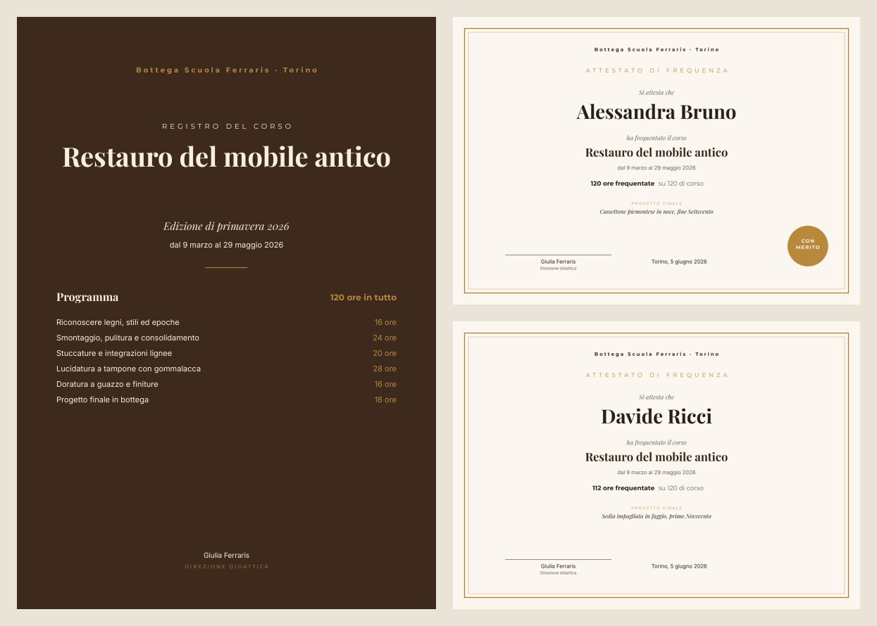 The PDF produced by the workflow: a walnut-brown cover with the school, REGISTRO DEL CORSO, the course title, the edition, the dates and a six-module programme with hours; beside it the first two landscape certificates on cream paper with a double gold frame, each with the participant’s name, the course, the hours attended out of 120 and the final project, the first one with a round gold CON MERITO seal