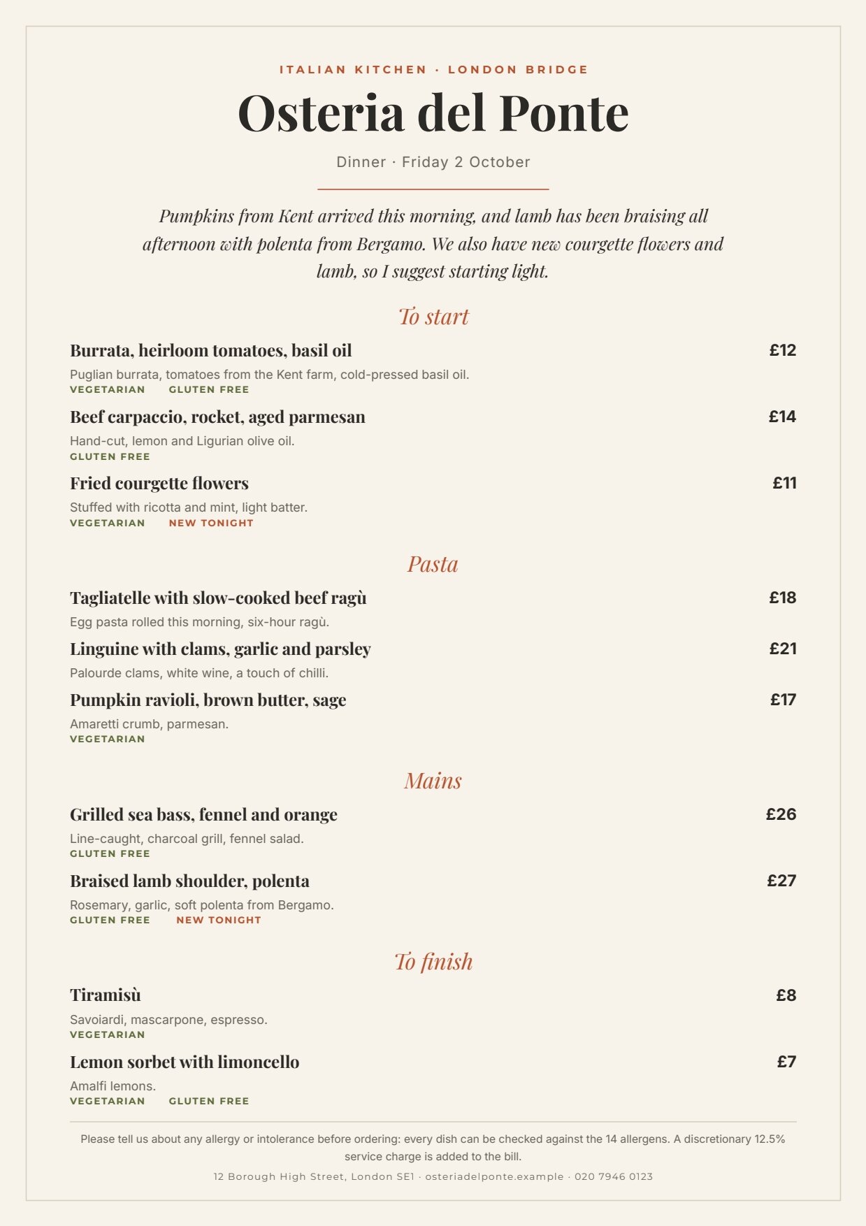 The evening menu produced by the workflow: the name of the osteria, the service and date, the chef’s note in italics, four sections — To start, Pasta, Mains, To finish — each with dishes, their descriptions, prices on the right and small dietary tags